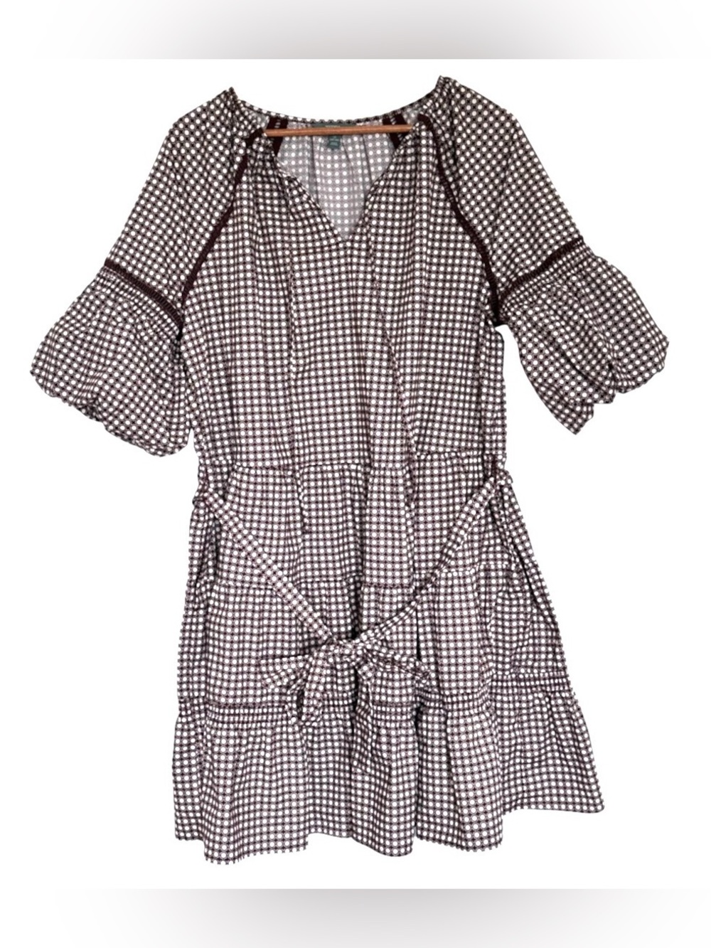 Terra & Sky Plus Dress Women’s 1X Brown White Geometric Boho Pockets Belt